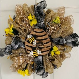 14” wreath to celebrate those busy bees! Deco mesh and burlap. Ribbon and floral